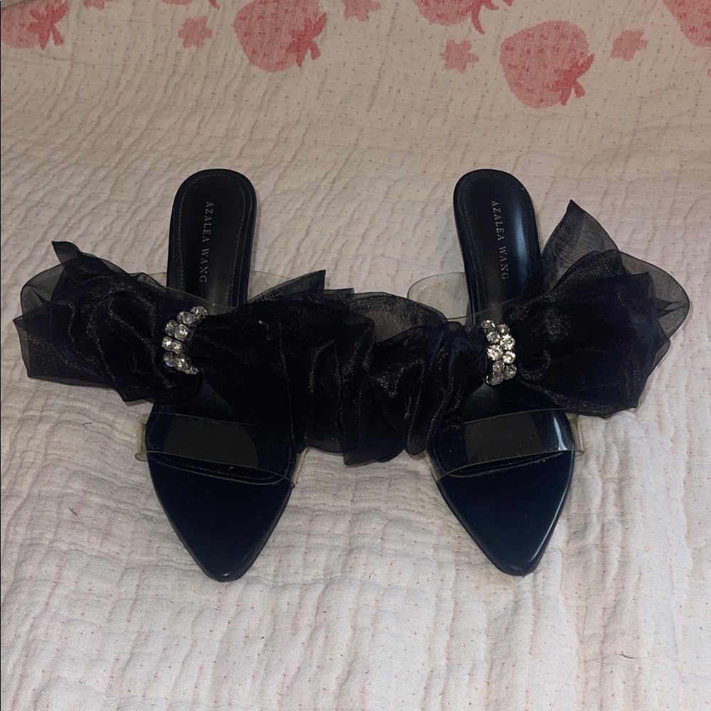 Azalea Wang Black Mules with Rhinestone Bow